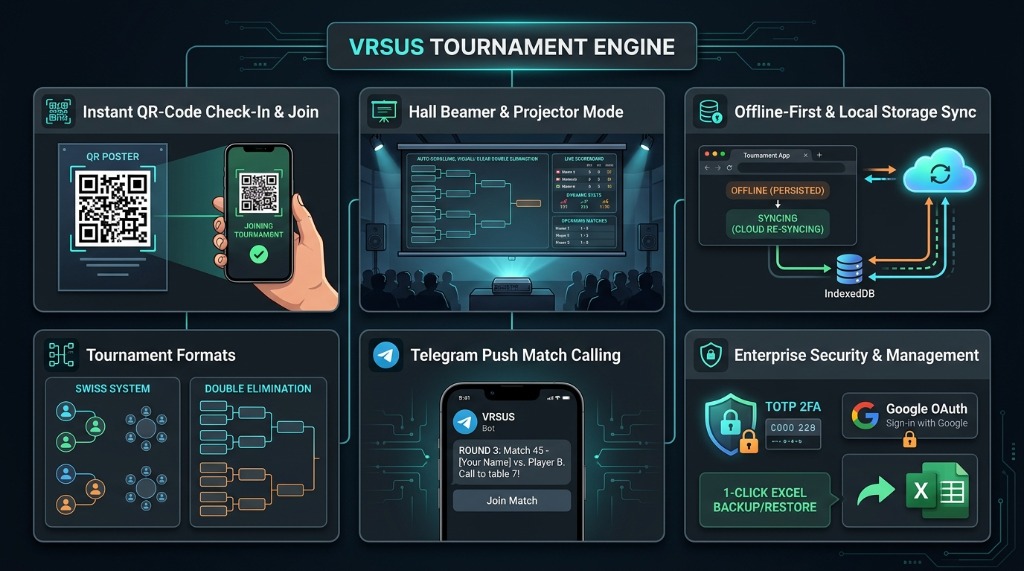 VRSUS Tournament Engine Gesamtarchitektur und 6 Kernmodule